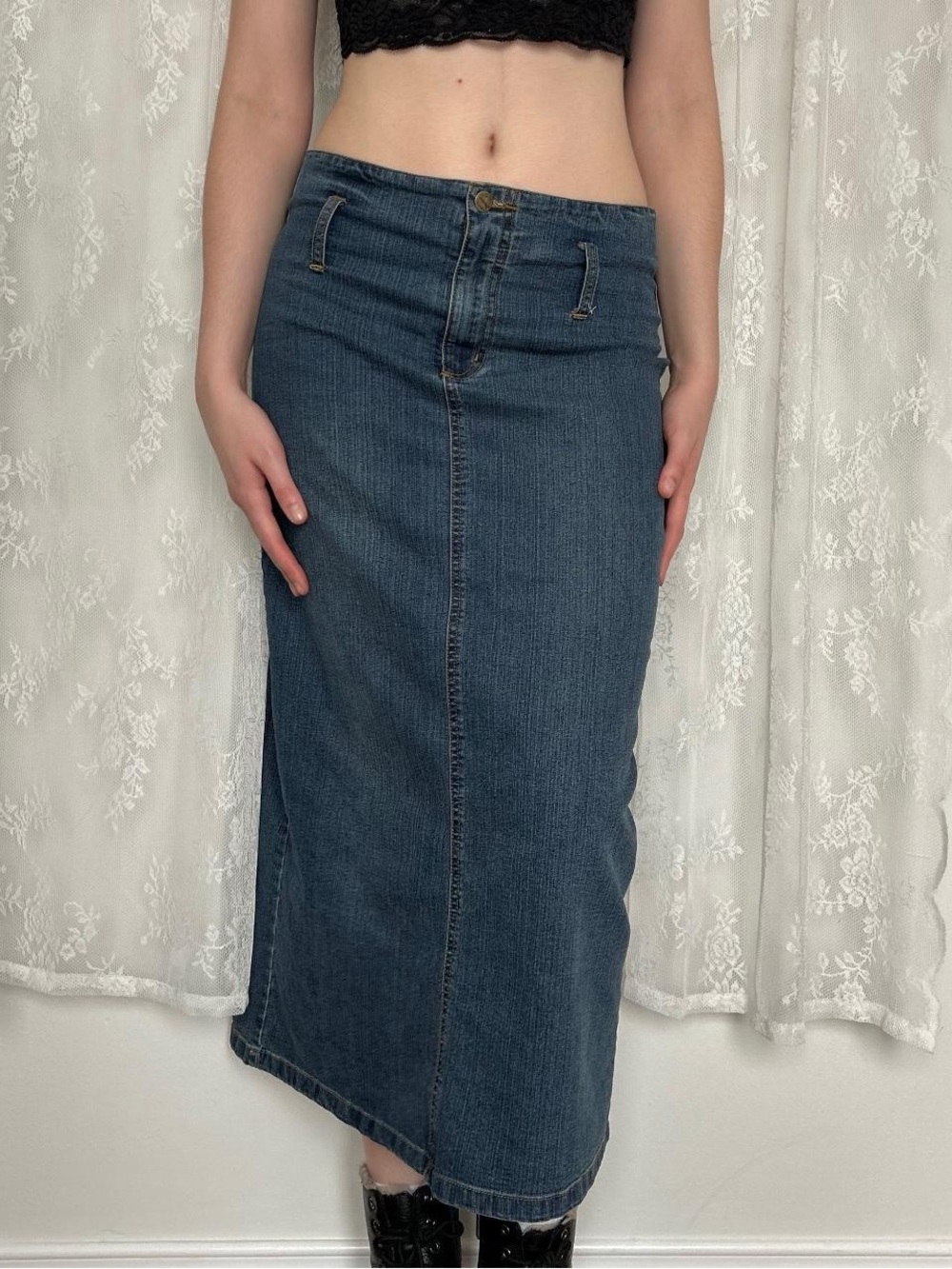 Y2K 2000s Mid Rise Denim Maxi Skirt